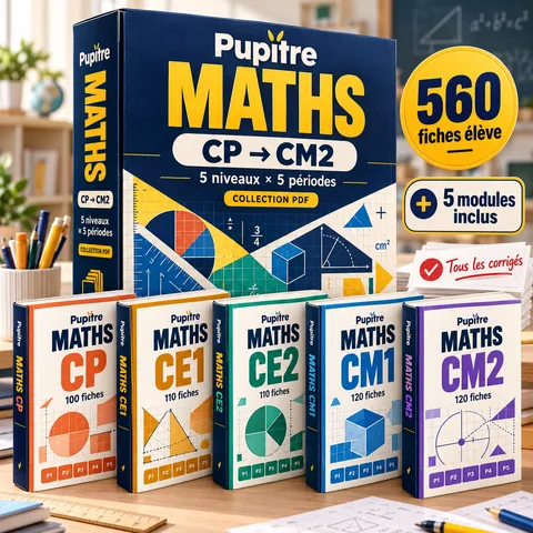 Les cinq volumes Pupitre Maths du CP au CM2 avec leurs corrigés et 5 modules